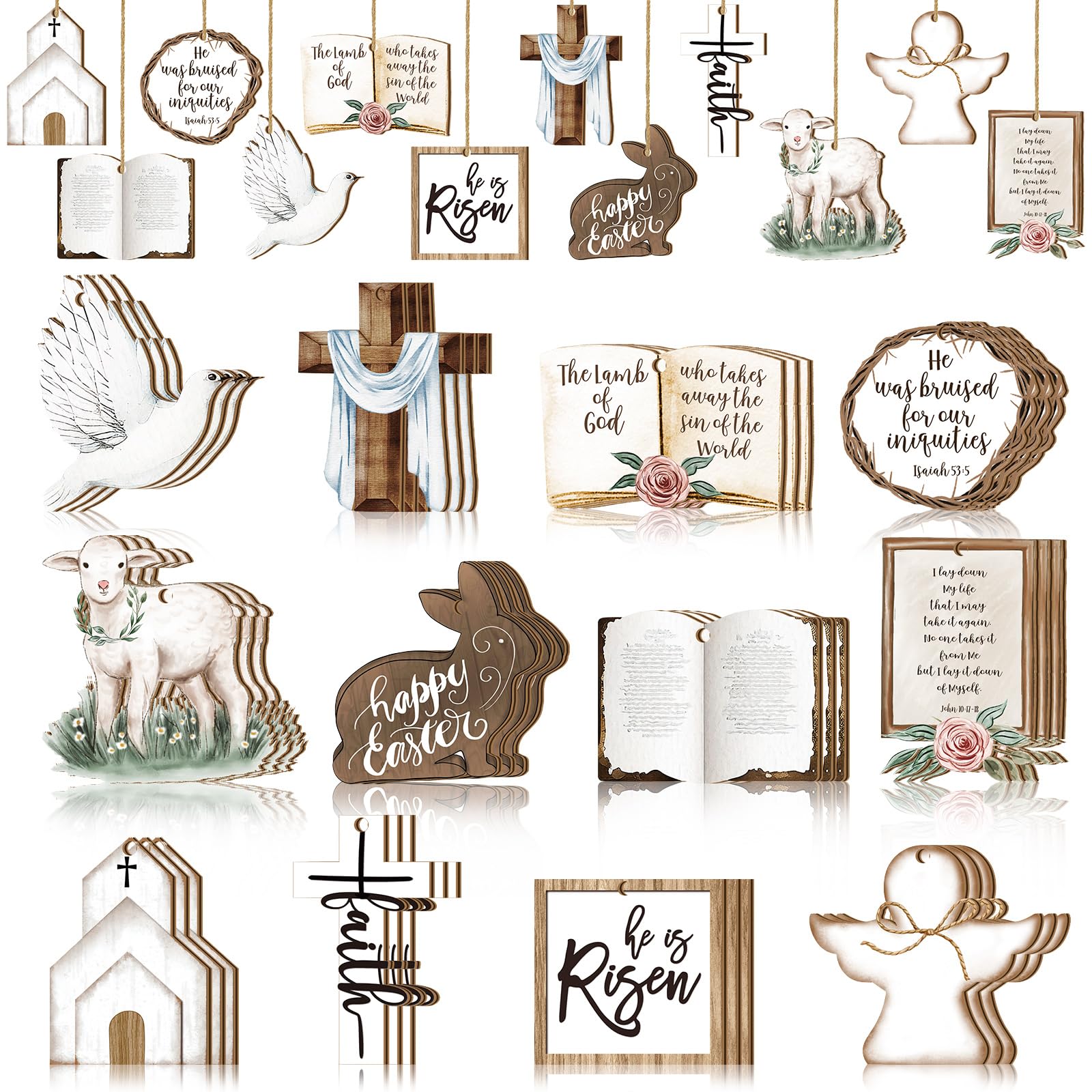 Spiareal 36 Pcs Easter Decorations He is Risen Ornament Rustic Christian Wooden Hanging Decoration Farmhouse Cross Wood Cutout Religious Easter Decor for Tree Craft Home Party