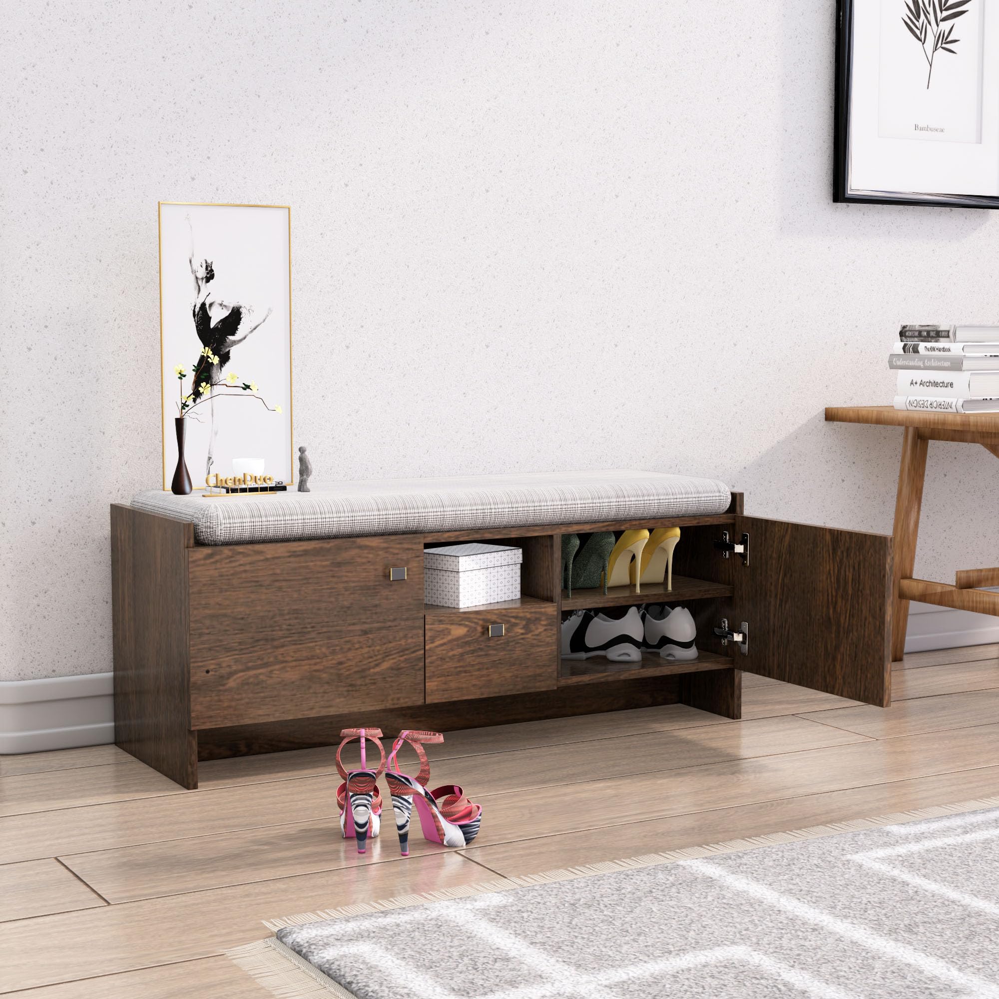 Bniture Engineered Wood Shoe Rack with Wooden Legs Strong, Sturdy and Stylish | Moisture & Termite Resistant (Top Size 1.4 x 3.6 Feet) (Flower Wenge) (B0CCLBGHTY) Amazon Price History, Amazon Price Tracker