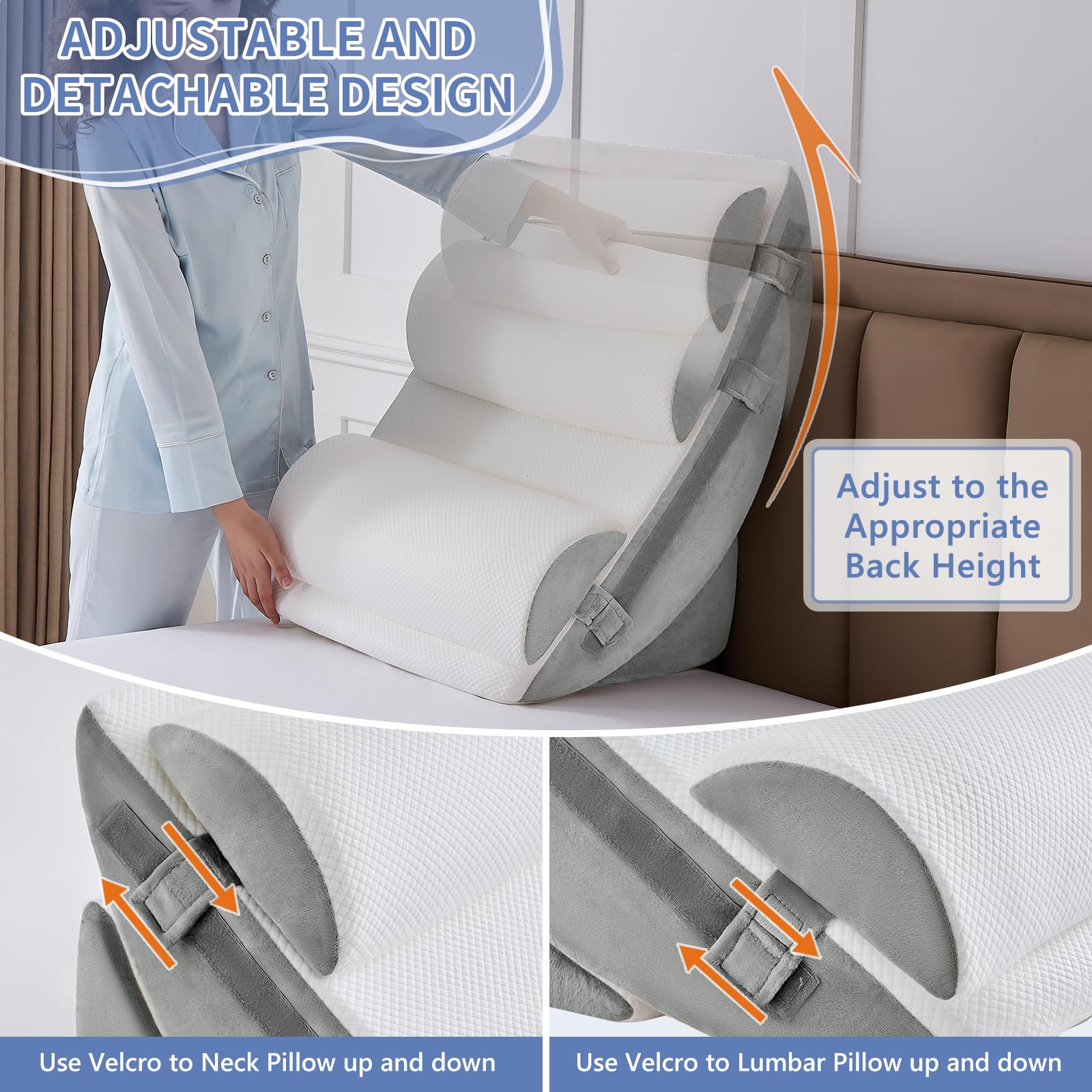 9PCS Orthopädische Bett Keil Kissen Set,Post Chirurgie Schaum Kissen für Körper, Rücken und Beine Schmerzlinderung,Justierbare Stützkissen mit Säure Reflux Bed Wedge Memory Foam Hellgrau