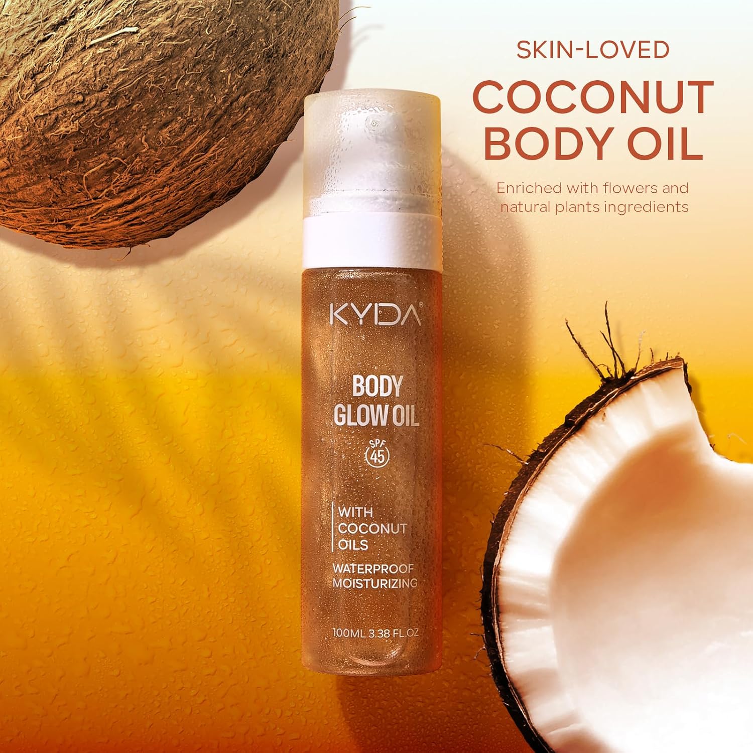 KYDA Travel Size Sunscreen, SPF 45 Body Glow Oil with Sequin Mica, Lightweight Moisturizing Coconuts Sunscreen SPF Glow Oil, Sun-kissed Shimmer Body Lotion, Water Resistant, 3.38 fl oz, AMBER