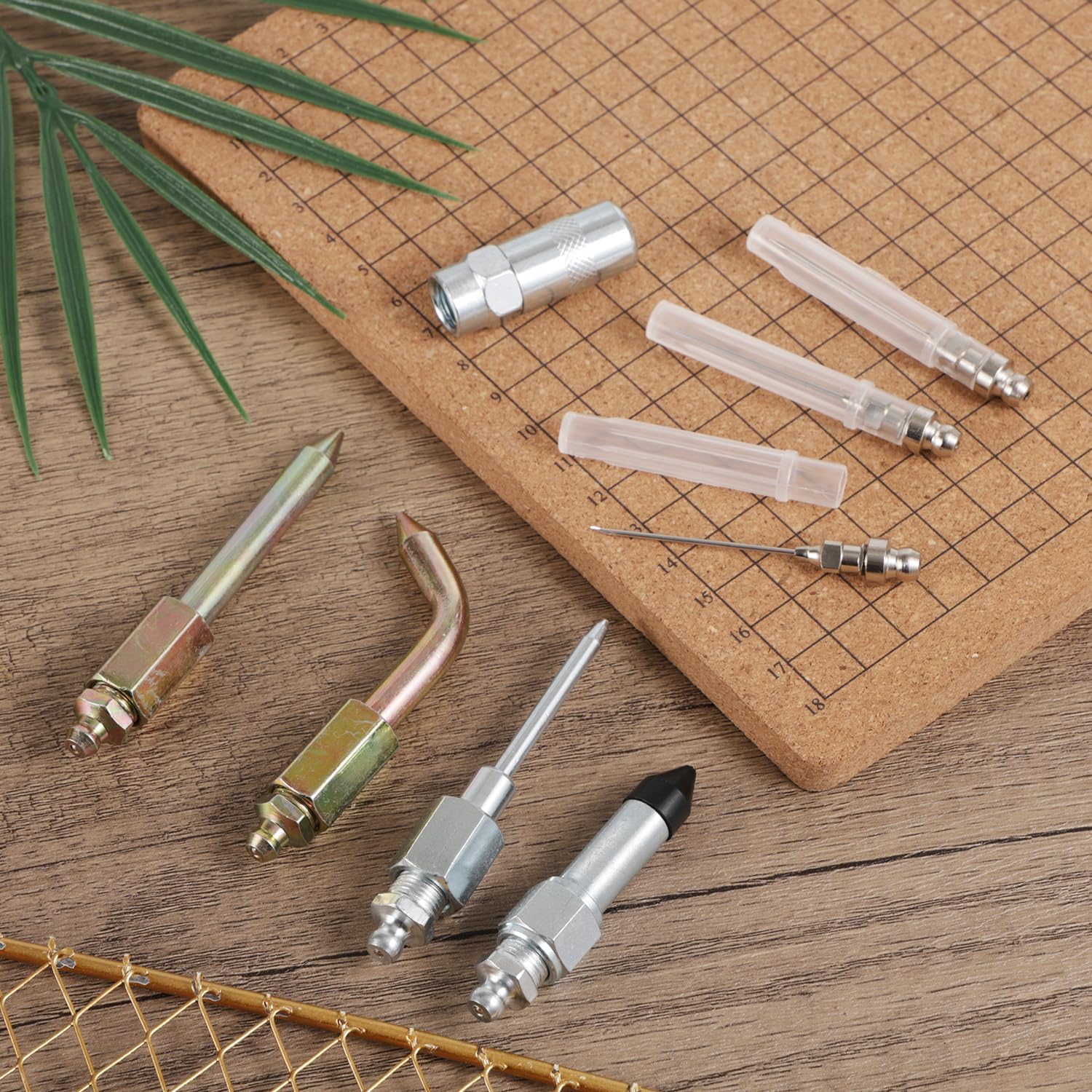 8pcs Grease Gun Accessory Kit, Including Needle Dispenser Rubber Tip Joint Nipple Straight Nozzle Elbow Connector Fittings Adapter Circular Connector and 3 Grease Gun Nozzle for Narrow Space