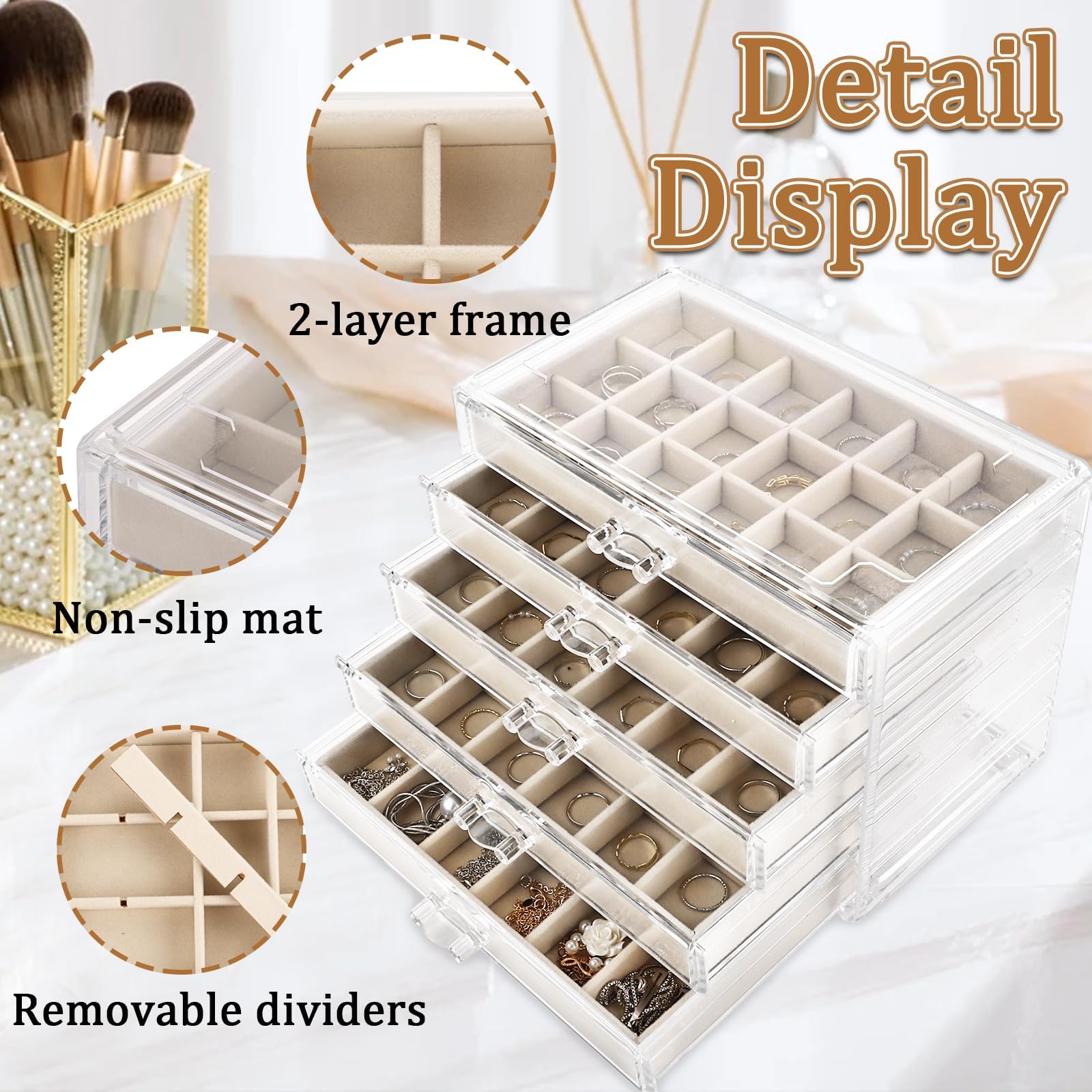 YAYODS Organisateur de Bijoux en Acrylique à 5 Tiroirs - Boîte à Bijoux Transparente avec Doublure en Velours Beige - Rangement Modulable pour Boucles d'Oreilles, Bagues et Colliers sur la Coiffeuse