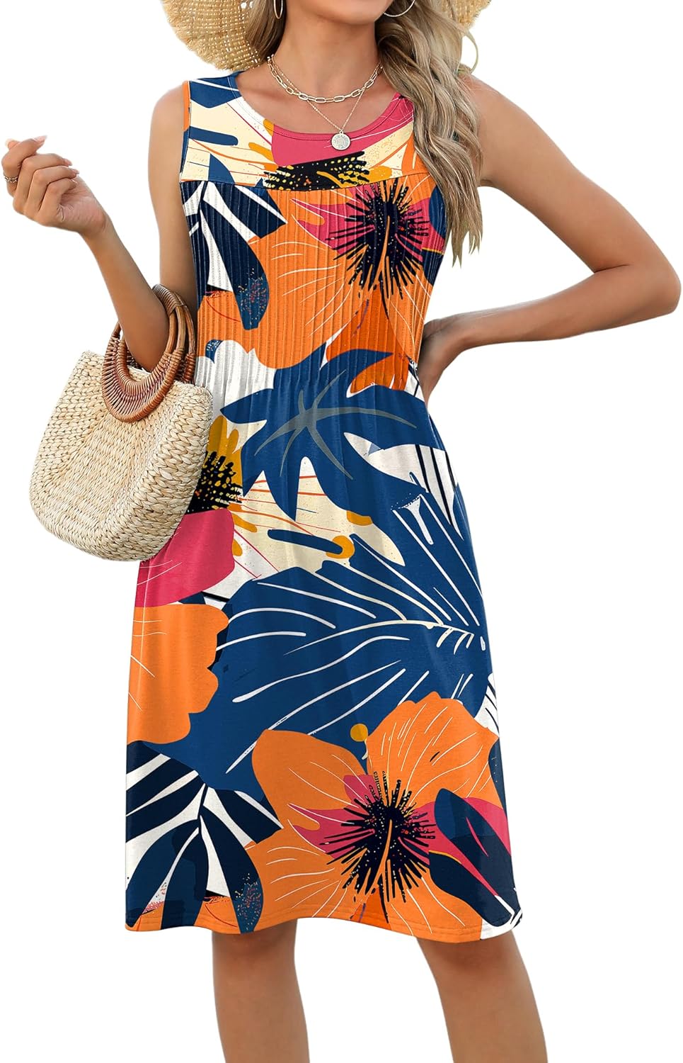 LOMON Womens Casual Summer Dresses Floral Beach Sleeveless Crewneck Pleated Tshirt Sundresses with Pockets