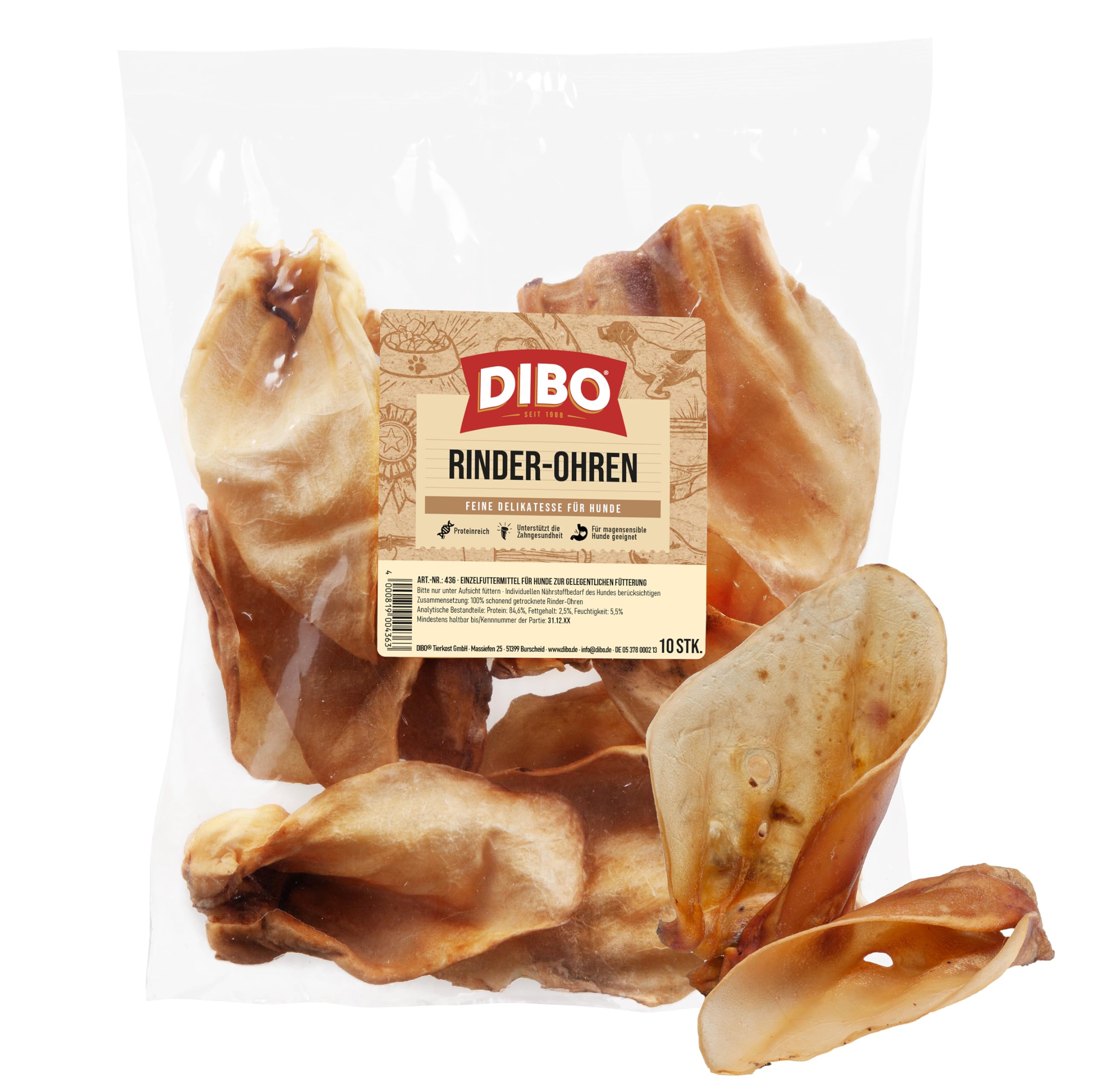 DIBO Rinderohren, 10er-Beutel, der kleine Naturkau-Snack oder Leckerli für Zwischendurch, Hundefutter, Qualitätskauartikel ohne Chemie