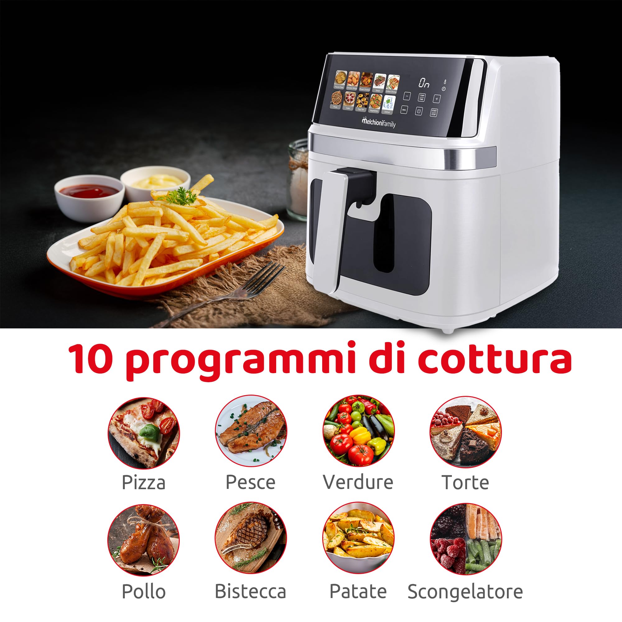 Melchioni Family | GAIA PLUS Friggitrice ad Aria 8L XXL con Doppia Resistenza Air Fryer Senza Olio, 10 Programmi, Display LED, Timer 60 min, Temperatura 80°-200°C, 2200W