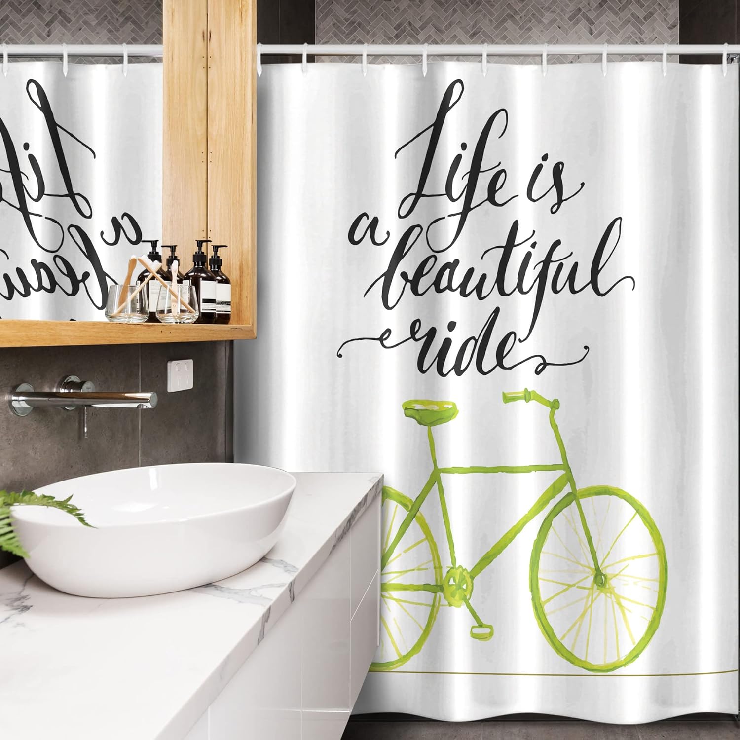 Ambesonne Bicycle Stall Shower Curtain, Life is a Bike Ride Words Print Pastel Color Unique Ride Graphic, Fabric Bathroom Decor Set with Hooks, 54" W x 78" L, Green Black