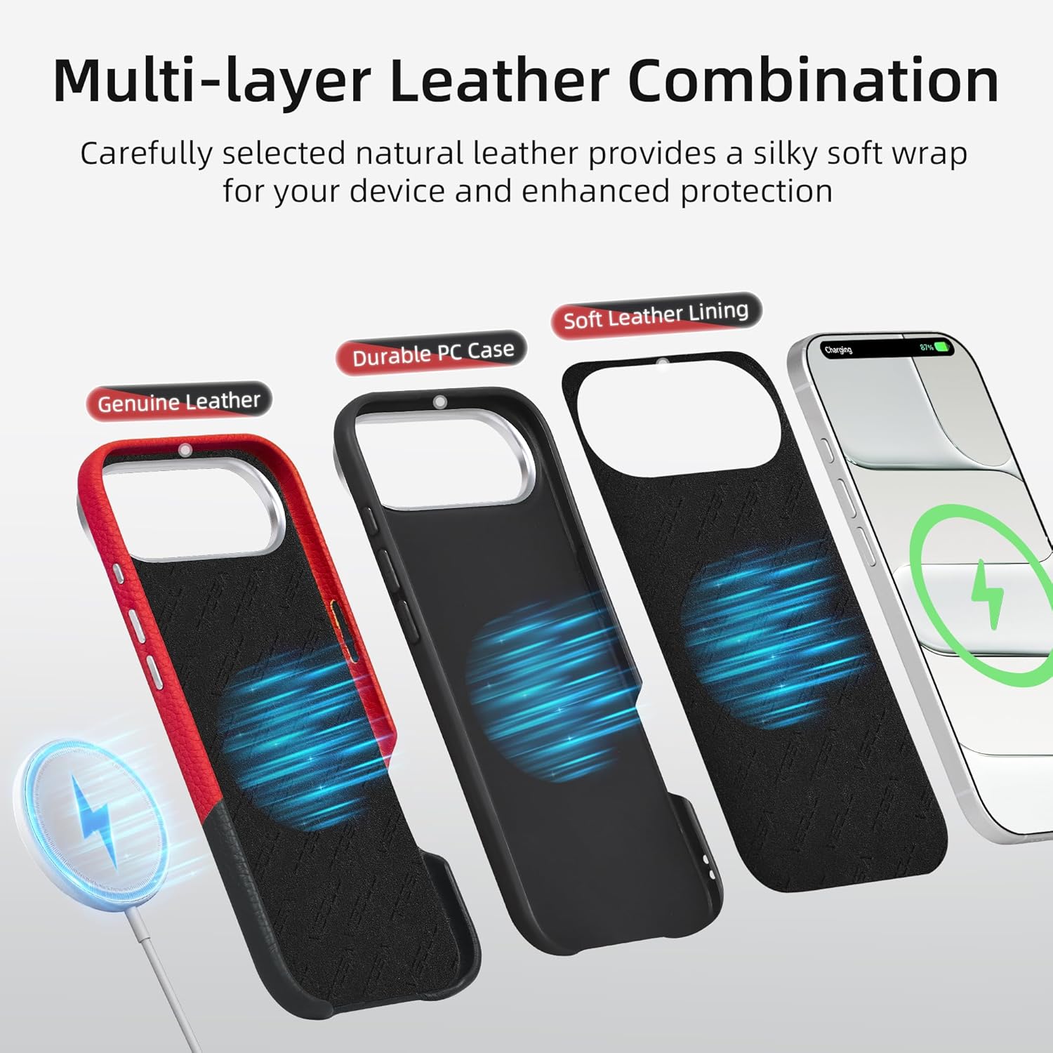VISOUL Genuine Leather Case for iPhone Air, Two-Tone Lychee Leather Slim Phone Cover, Compatible with MagSafe, Metal Buttons Protective Case for iPhone Air (6.5")-Red+Black