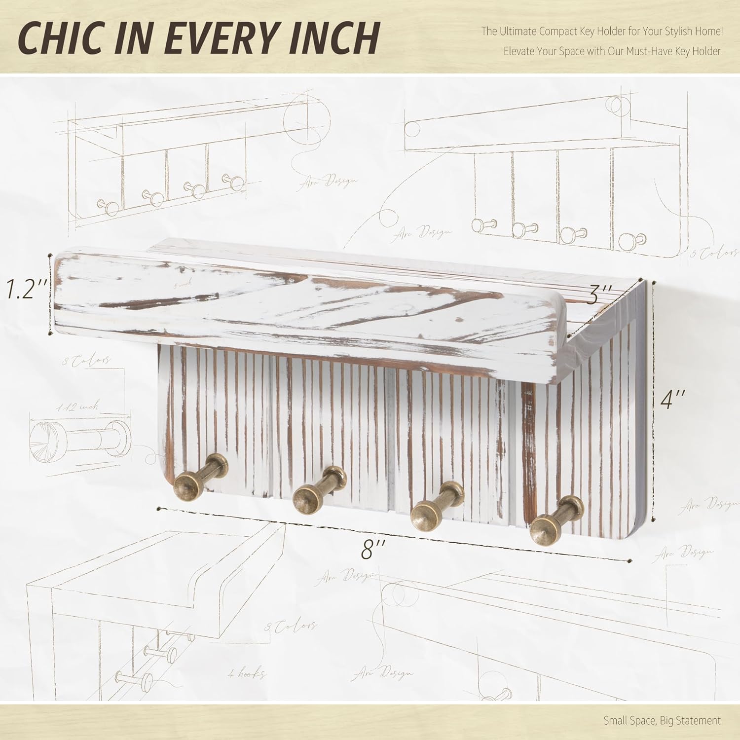 Rebee Vision Decorative Key Holder Wall Mount Combo Set – Mini Key Organizer with Small Shelf and Farmhouse Mail Holder with 7 Hooks – Room Decor Aesthetic (Whitewash)