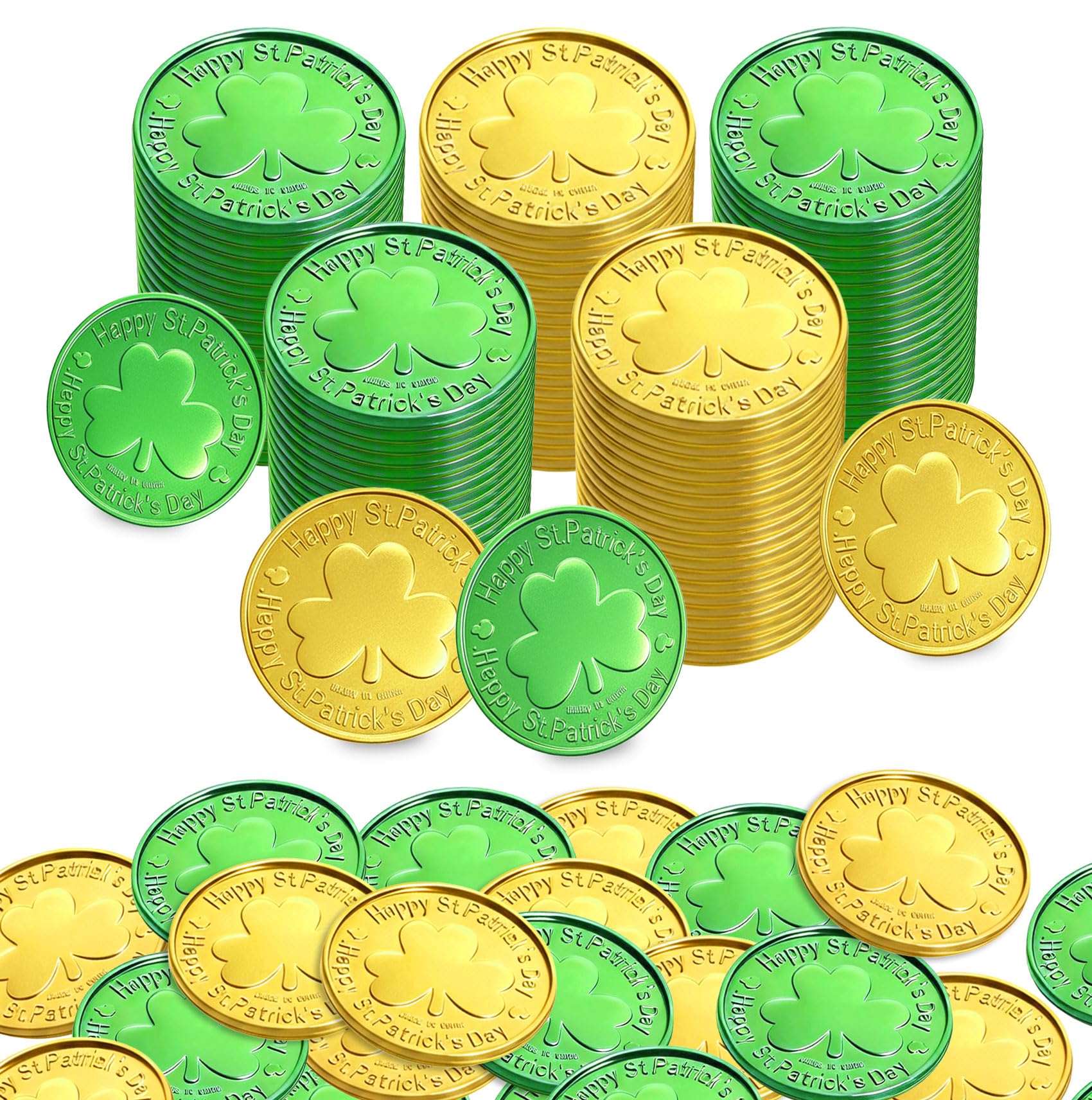 View 1 of 120 PCS St. Patrick's Day Coins Green and Gold Coins Shamrock Plastic Coin Lucky Coins St. Patrick's Day Decoration Irish Themed Party Favors