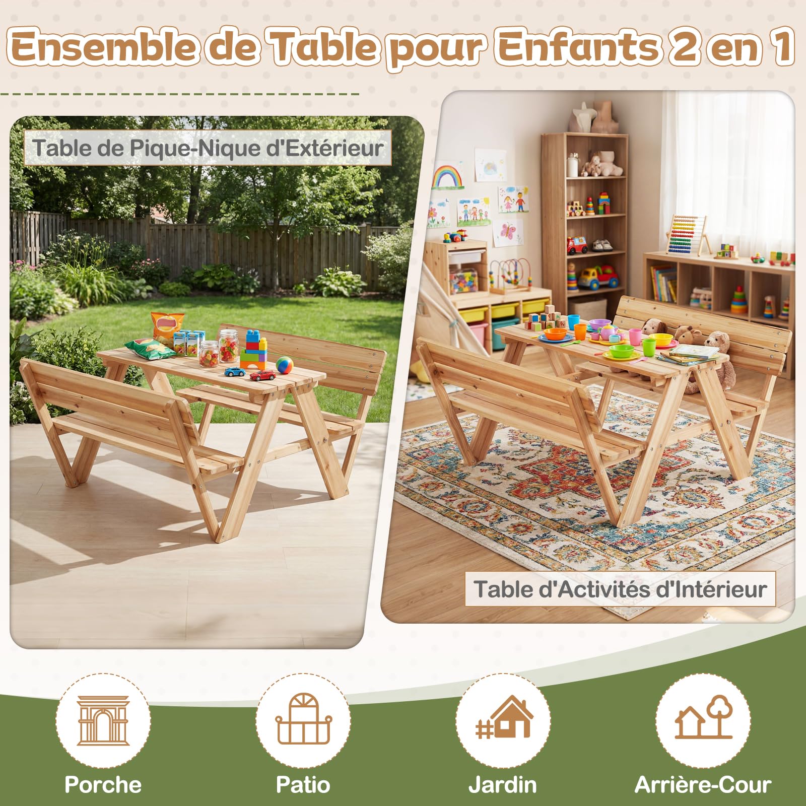 DREAMADE Table de Pique-Nique Enfants, Table Extérieure en Bois avec Bancs Intégrés et Dossiers pour 4, Ensemble Multi-activités Table et Chaises pour Patio, Jardin, Arrière-Cour, 3+ Ans