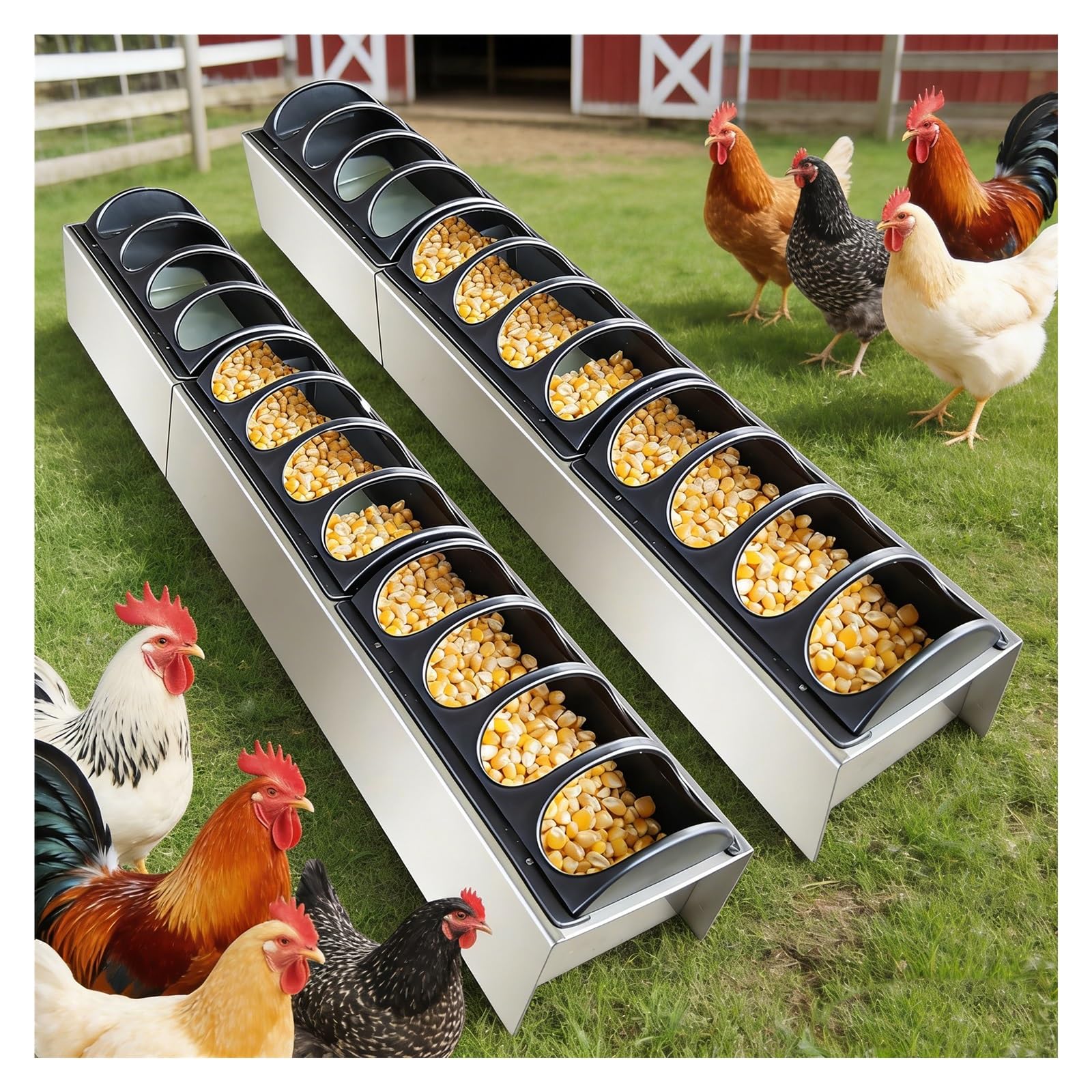 Paquete de 2 comederos y bebedero de acero inoxidable para pollos, alimentador y bebedero de doble uso para cocineros, con tapa divisora extraíble