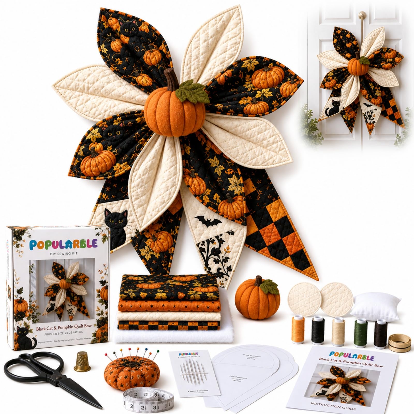 Large Patchwork Bow Sewing Kit, Quilt Kit with Fabric and Pattern (E1PC)