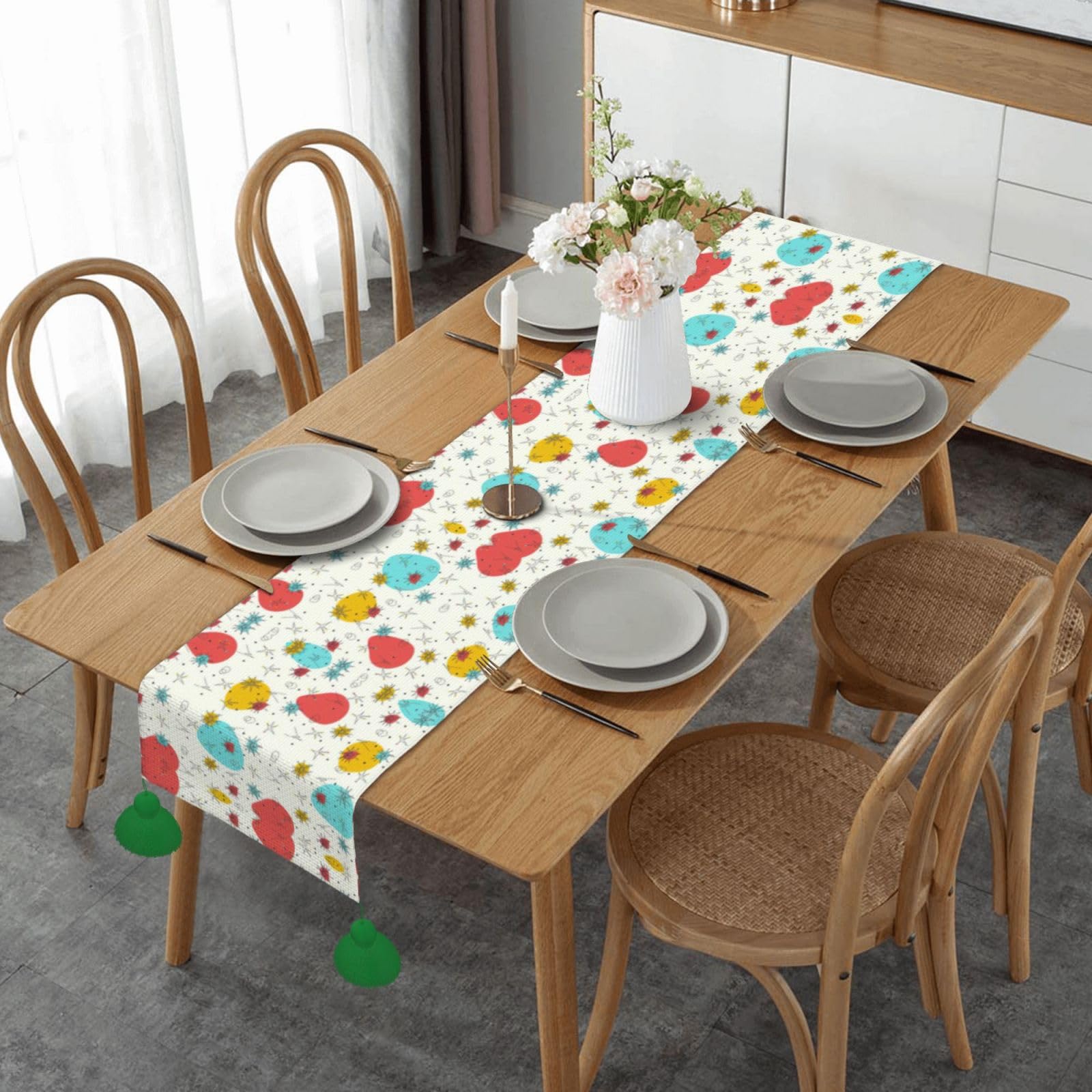Chemin de table de Noël avec pompons rouge vert nappe rectangulaire tissu jacquard fête
