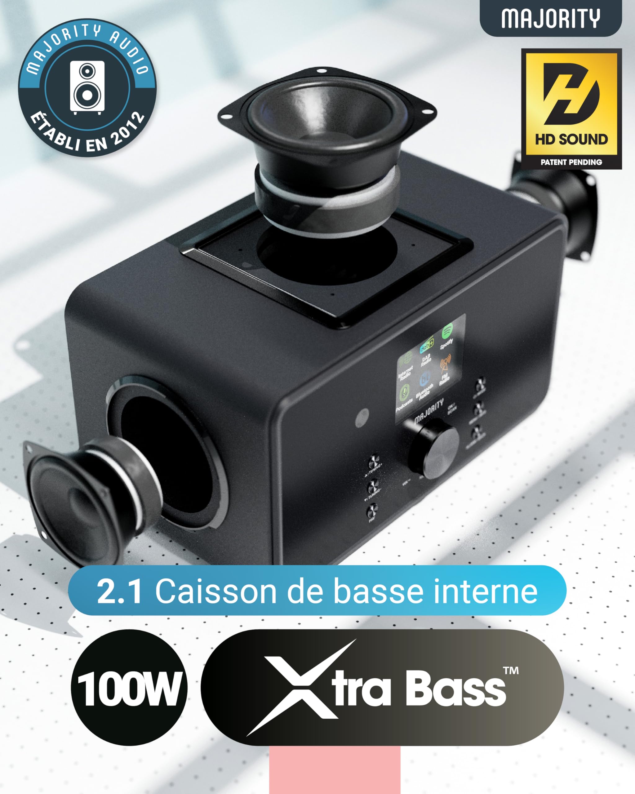 Radio Internet WiFi avec Bluetooth | Radio Dab Plus & FM | 100W 2.1 Caisson de Basse Interne pour Xtra Bass | Spotify Connect & Podcasts | Télécommande Incluse & OKTIV App Control | MAJORITY Bard