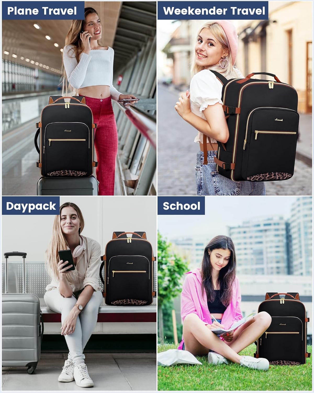 LOVEVOOK Travel Backpack for Women & Men 40L,Airline Approved Carry On Backpack Travel Essentials,TSA Carry on Luggage,Waterproof Personal Item Travel Bag Suitcase,3 Packing Cubes,Black-Leopard print - Image 9