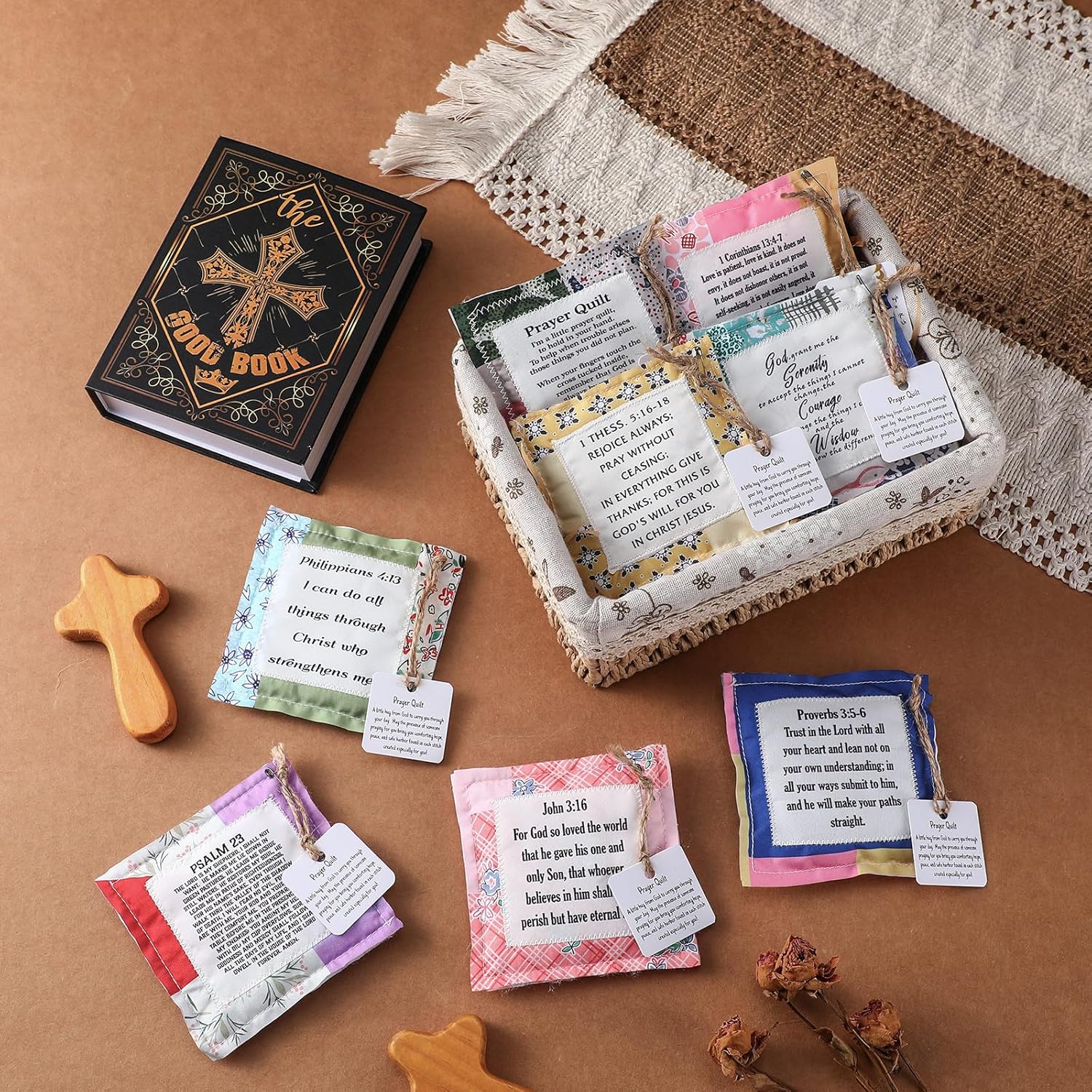 FuWeave 16 Pack Prayer Quilt with Cross Inside Pocket Mini Vintage Scripture Squares Inspirational Christian Praver Quilt Gift for Women Mother Clergy Pastor Grandparent Mother's Day (Vintage)