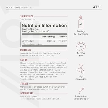Vitamin B12 Liquid Drops 3000mcg - 60ml (2 Months Supply) - High Strength Methylcobalamin Supplement - Vegan & Vegetarian Friendly - By Alpha01