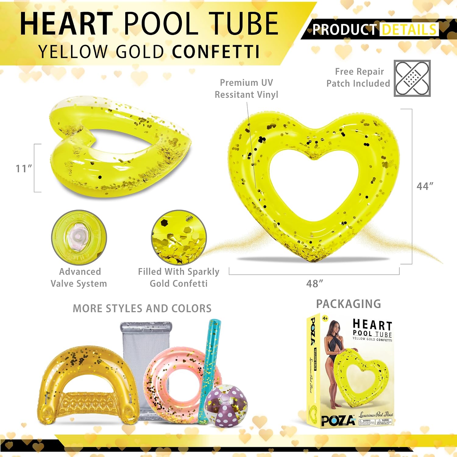 POZA Inflatable Heart Pool Float - Sparkly Confetti-Filled Heart Shaped Pool Tube, Inflatable Lounger for Beach or Lake, Fun Swimming Float for Kids and Adults