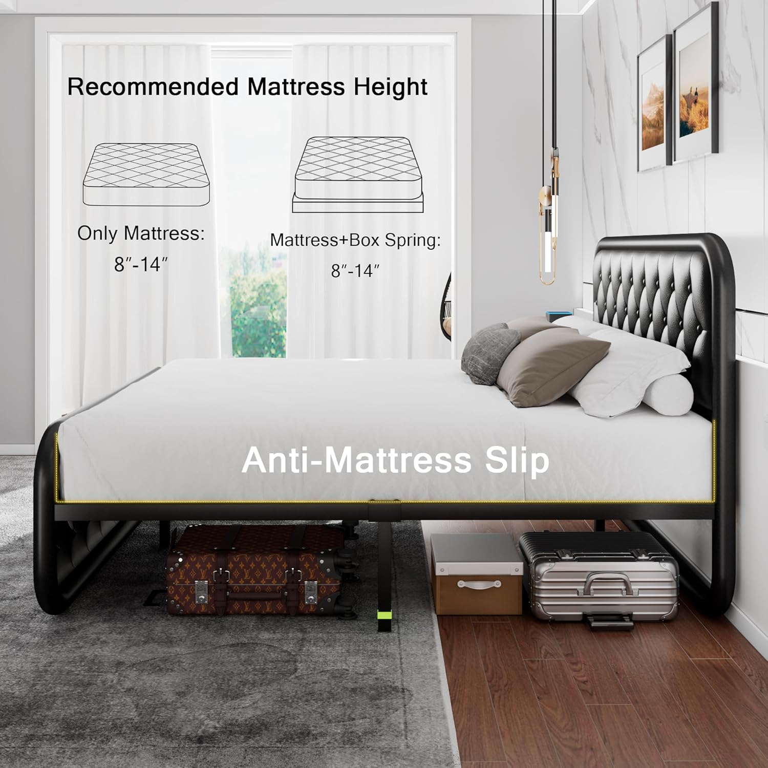 King Size Bed Frame, Upholstered Bed with Button Tufted Leather Headboard and Footboard, Metal U-Shape Support Foundation, No Box Spring Required, Black