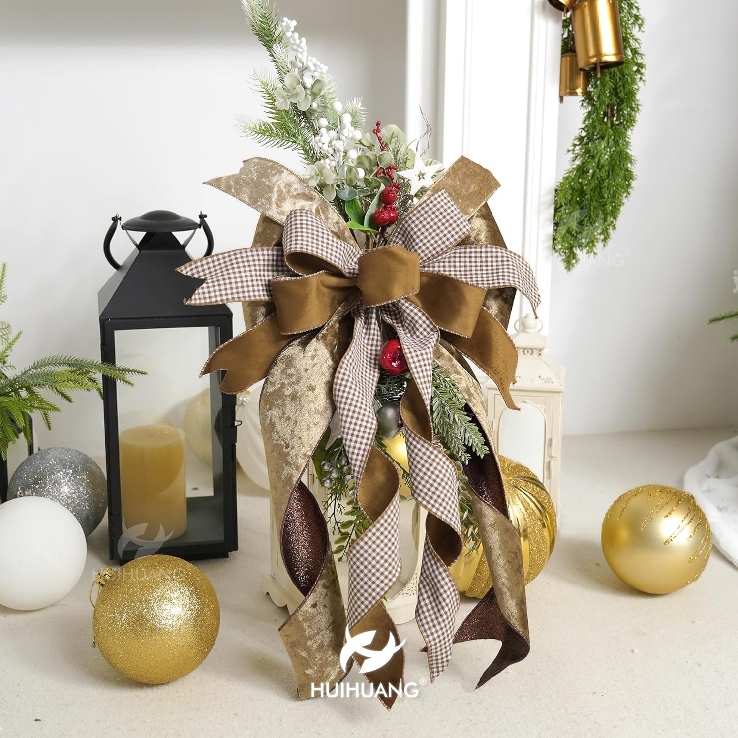 HUIHUANG Brown Velvet Wired Ribbon 2.5 inch Velvet with Glitter Copper Brown Christmas Ribbon for Tree Decorations, Bows, Wreath, Garland, Gift Wrapping, Fall Decor- Continuous 10 Yards