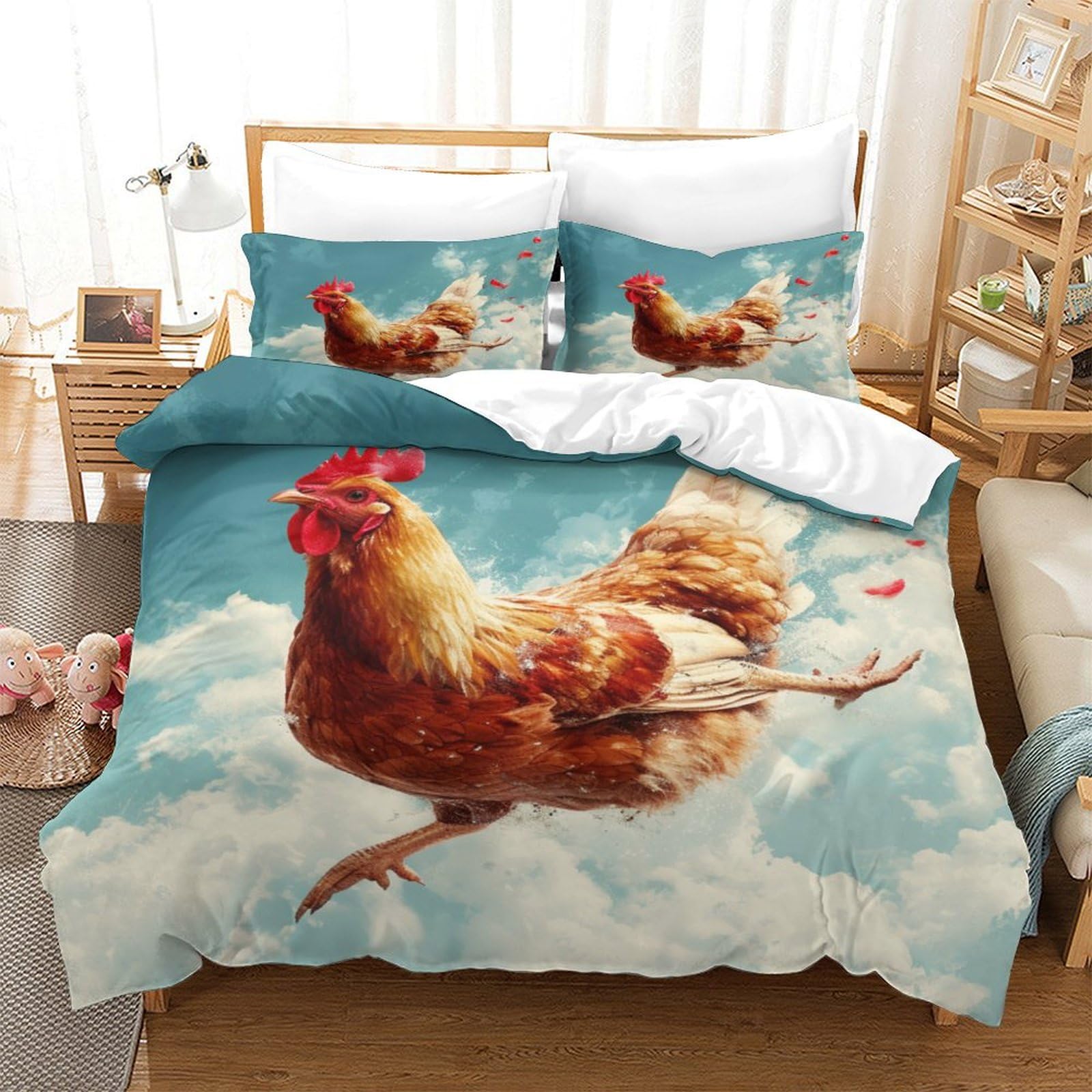 P1s9u7w5y Gallic Rooster-2 3D Printed Sky Chicken 3Pcs Microfiber Duvet Cover Set Cloud Hen Bedding Set King（220X240cm）