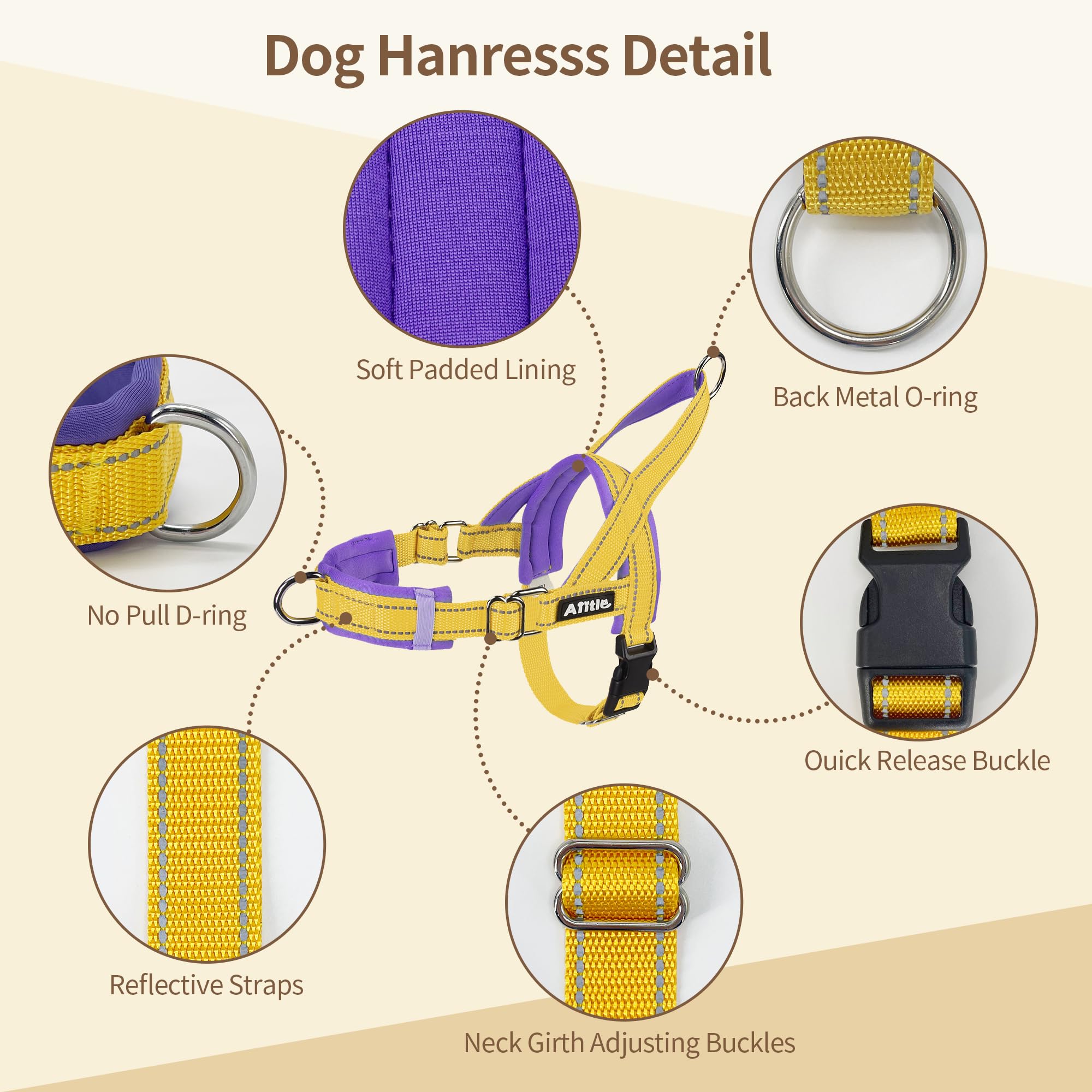 AIITLE Arnés Ajustable Mejorado para Perros con Acolchado Suave y cómodo, Chaleco táctico a Prueba de Fugas, arneses Reflectantes Ligeros para Perros medianos Amarillo-púrpura S
