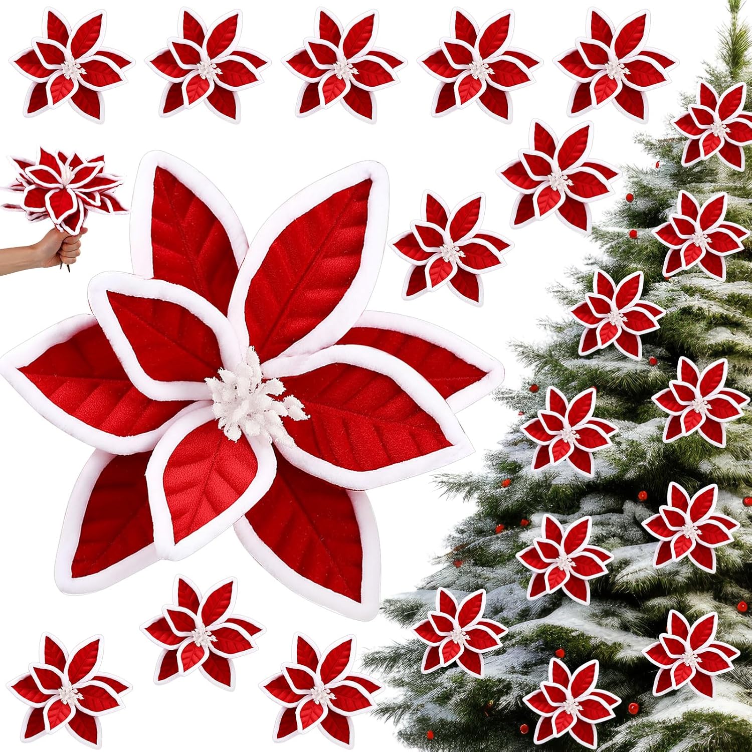 Outus 12 Pcs 9" Large Christmas Poinsettia Picks Glitter Red and White Poinsettia Artificial Flower with Stems Xmas Tree Wreath DIY Floral Ornaments for Holiday Party Vintage Rustic Home Decor