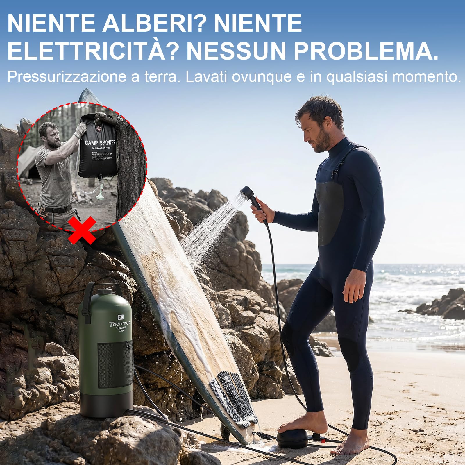 20L Doccia da Campeggio con Pompa ad Aria a Pedale, Doccia Portatile Solare Borsa con Pratico Ugello per Campeggio, Escursionismo e Spiaggia
