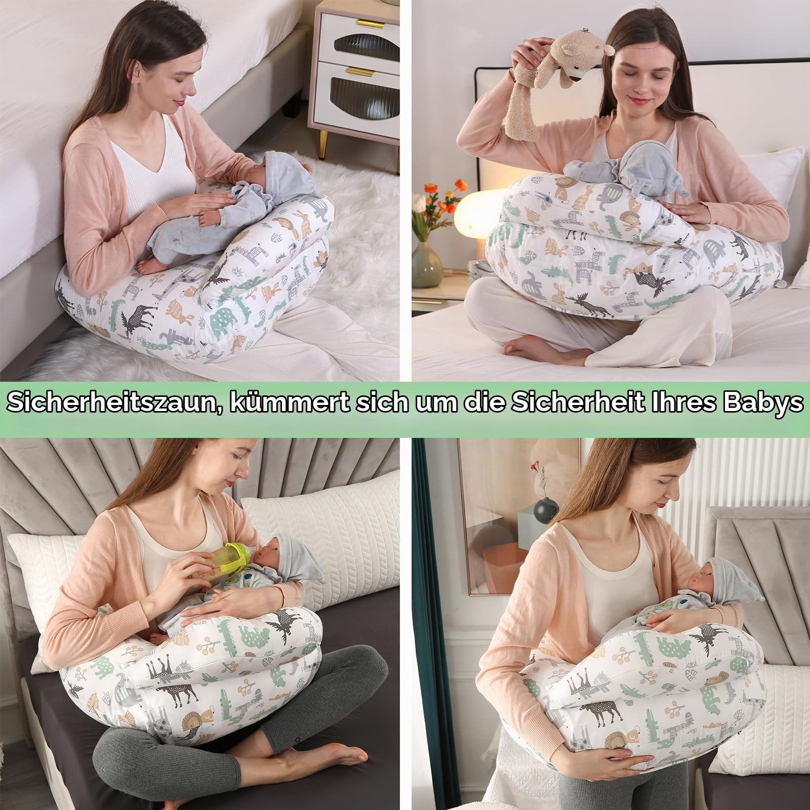 Labtec Stillkissen zum Stillen, Multifunktionales Stillkissen mit verstellbarem Bauchgurt und Sicherheitszaun, 100% Baumwolle & Abnehmbarer Kissenbezug