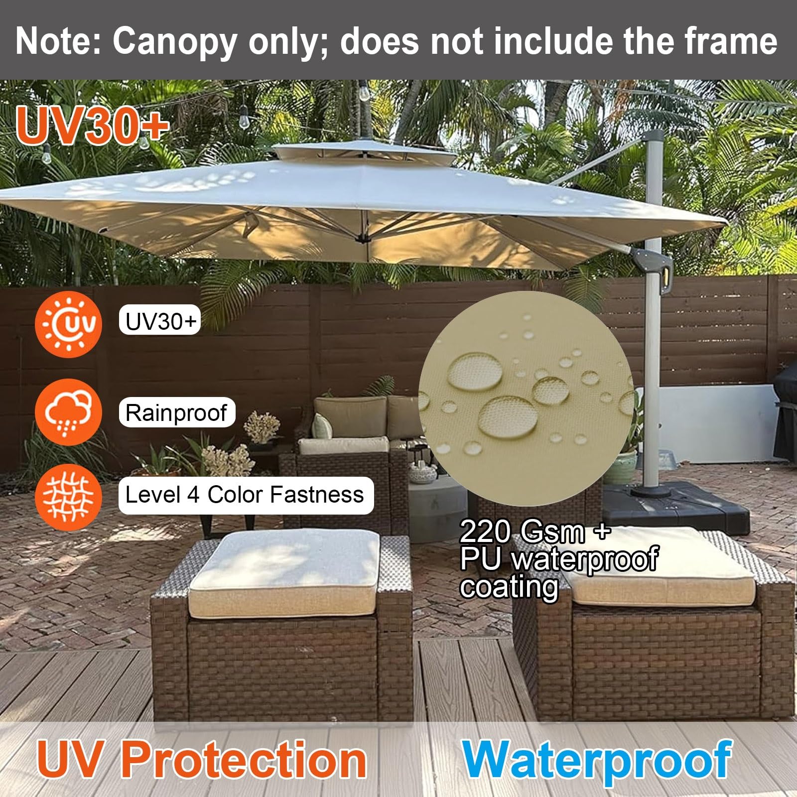 ESOYAWE Coperture per Ombrelloni Decentrato da Giardino, Quadrato 3x3m 2.5x2.5m 8 Stecche Telo in Poliestere Impermeabile Anti-UV, Top Telo di Ricambio Superiore per Ombrellone Esterno(Khaki,3x3m)
