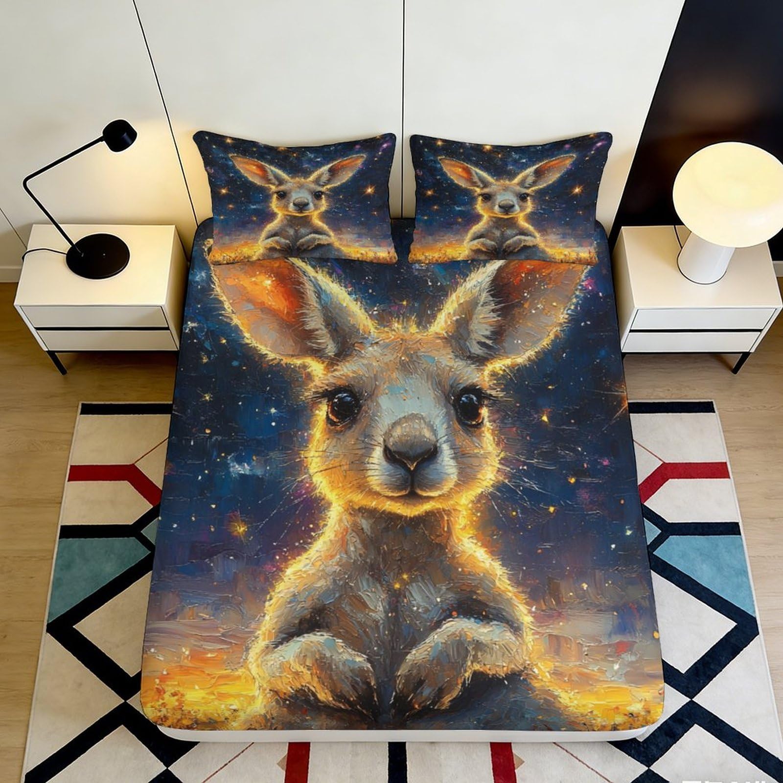3D Printed Neon Kangaroo Fitted Sheet Microfiber Soft Breathable Starry Night Bed Cover for Bedroom Dorm Dormitory Guest Room Mattress Protection 160x200x25cm