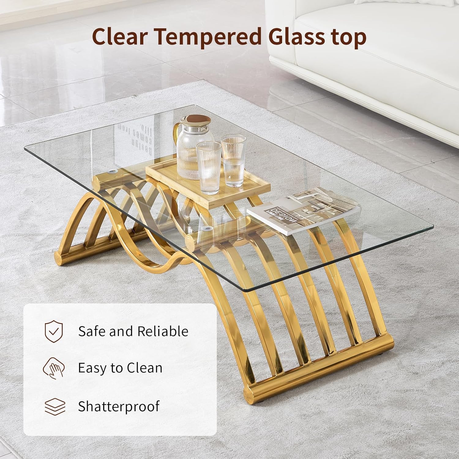 Gold Glass Coffee Table, 47" Tempered Clear Glass Top, Stainless Steel Frame, Unique Decorative Center Table, Modern Gold Coffee Table for Living Room Home Office