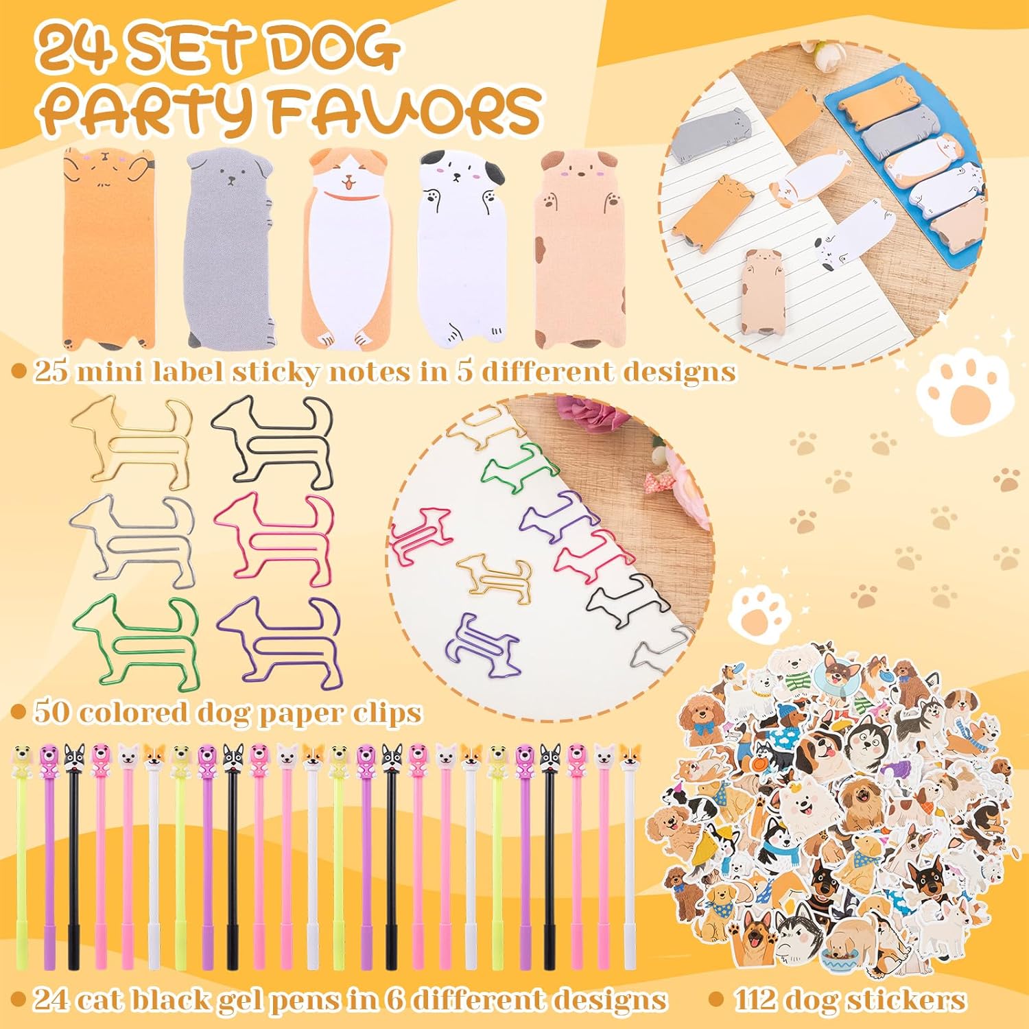 Maxdot 24 Set 258 Pcs Dog Themed Stationery Set Party Favors Birthday Gifts Paw Mini Notebooks Pens Stickers Paper Clip for Classroom School Party Goodie Bags Prizes Rewards