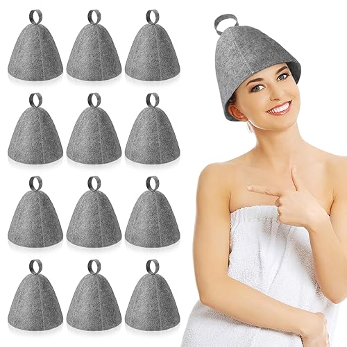 Jiuguva Sombreros de sauna de lana, sombrero ruso para sauna, sombreros de sauna para mujeres, accesorios de ducha de sauna (gris, 12 piezas)