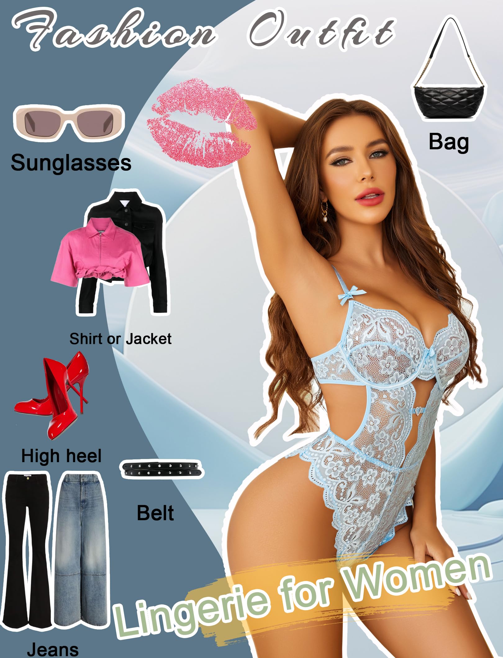 WBDWWTD Seksowny komplet bielizny Koronkowe body na fiszbinach z odpinaną mini spódniczką z siateczki Bielizna typu push-up typu Teddy