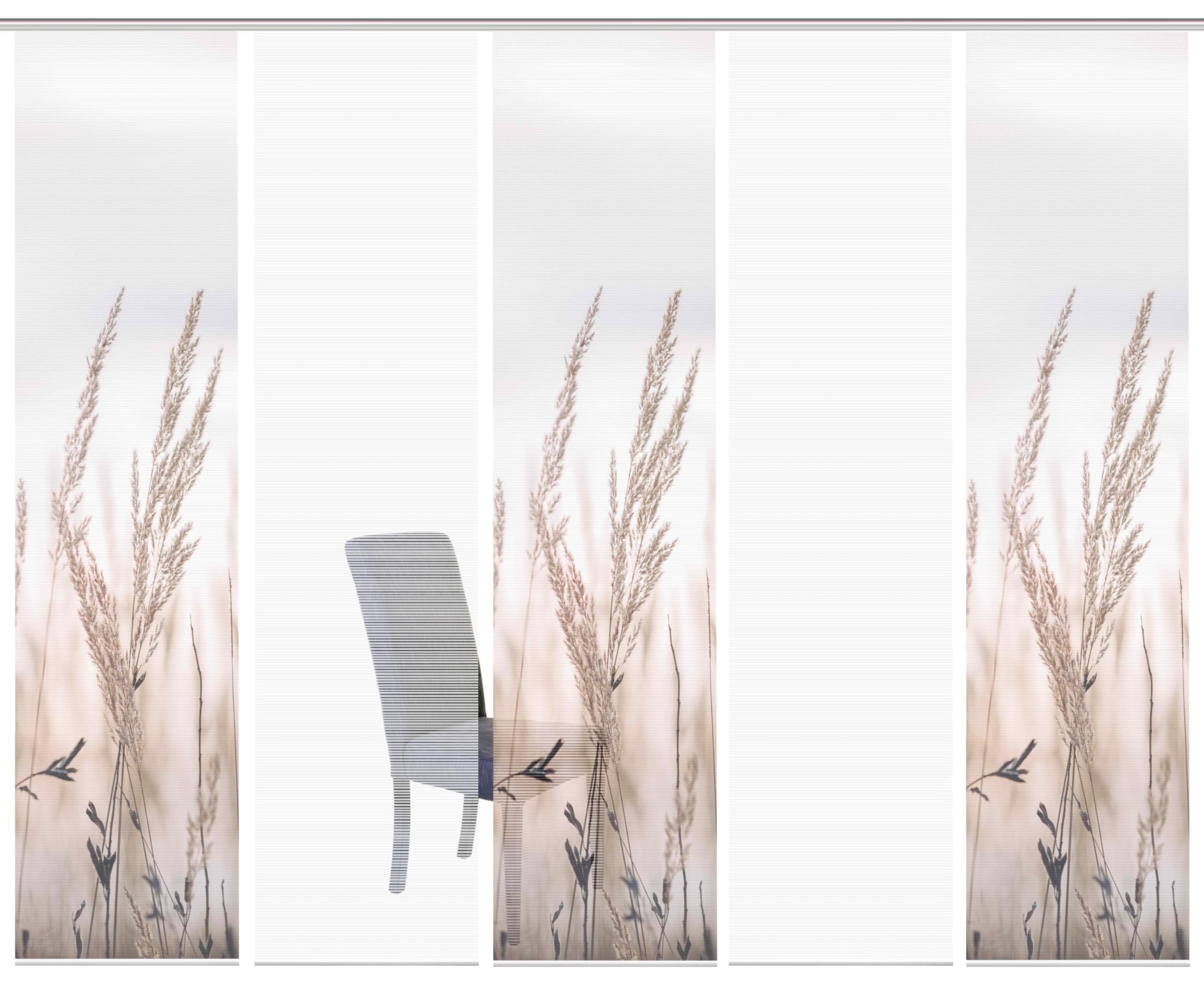 95372 | 5er-Set Schiebegardine 'RELVA', Digitaldruck auf Bambus-Optik, mit abstraktem Gräser-Motiv, 260x60cm, Farbe: Natur