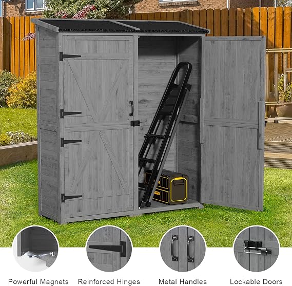 Gizoon Outdoor Cabinet, Waterproof Roof, Double Lockable Wooden Shed | 2 Removable Shelves, Large Storage Space, Fits Patio/Garden/Backyard/Lawn, Sturdy Wood, Garden Organizer, Gray
