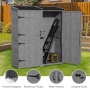 Gizoon Outdoor Cabinet, Waterproof Roof, Double Lockable Wooden Shed | 2 Removable Shelves, Large Storage Space, Fits Patio/Garden/Backyard/Lawn, Sturdy Wood, Garden Organizer, Gray