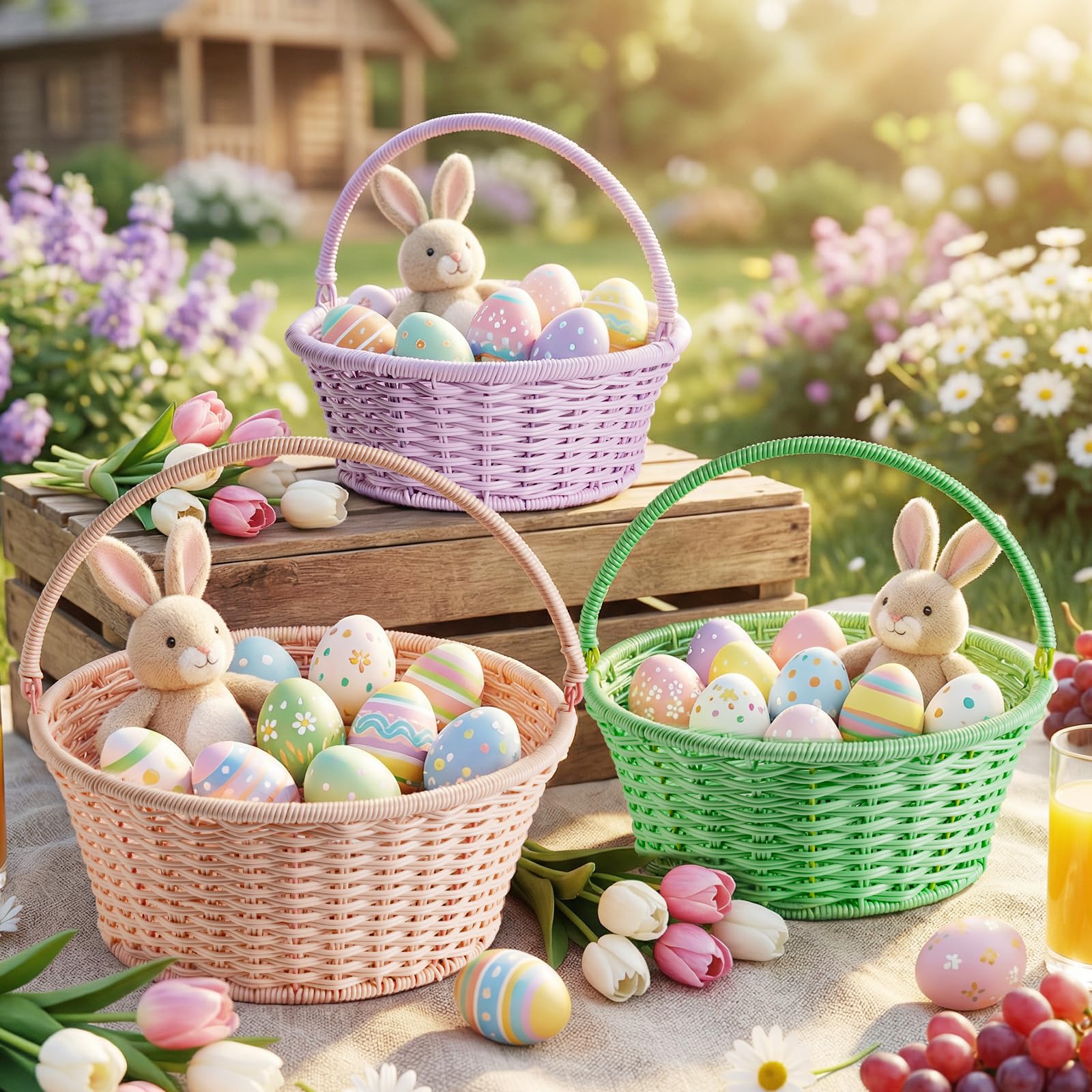 Paniers de Pâques en rotin pastel à garnir de chocolats pour offrir un cadeau de printemps unique