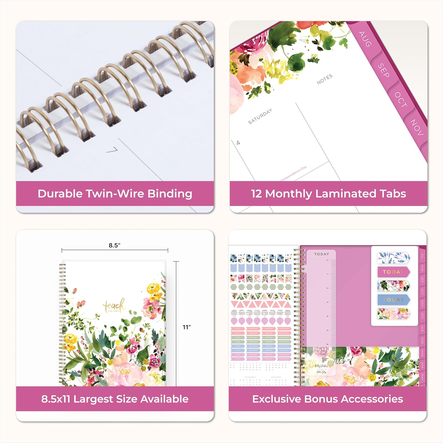 Blue Sky Kelly Ventura 2026-2027 Weekly and Monthly Academic Year Teacher Lesson Planner Calendar, July 2026 - June 2027, 8.5" x 11", Flexible Cover, Wirebound, Laminated Tabs, Storage Pocket, Magnetic & Snap In Book Marks, Includes Stickers, Summertime Brights