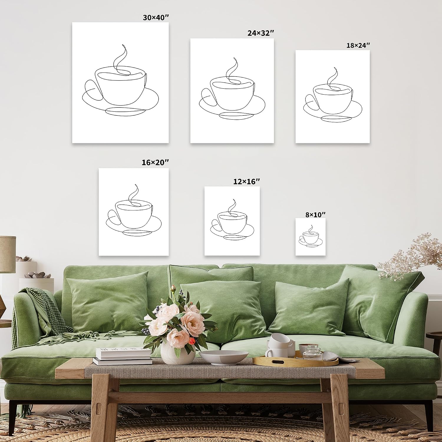 Poster Master One Line Coffee Cup Canvas - Cafe Print - Drawing Art - Modern Abstract Wall Design - Sketch Art - Minimal Coffee Shop, Kitchen or Restaurant Decor - 8x10 STRETCHED Canvas