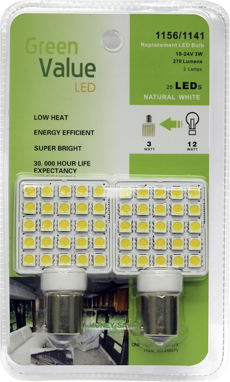 LED 25007V Natural White 2-Pack LED Replacement Light Bulb Wedge Base Without Lens (1156/1141 Base)