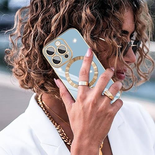 Miniatura 5 de Karrint Funda azul para iPhone 15 Pro Max compatible con Magsafe protector de lente de cámara integrado borde chapado suave a prueba de golpes