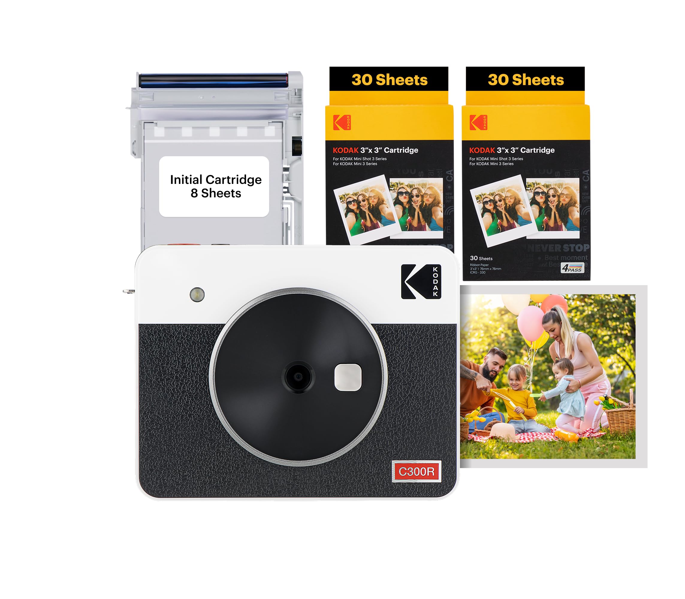 KODAK Mini Shot 3 Retro 4PASS 2-in-1 Instant Digital Camera and Photo Printer (3x3 inches) + 60 Sheets Cartridge Bundle, White