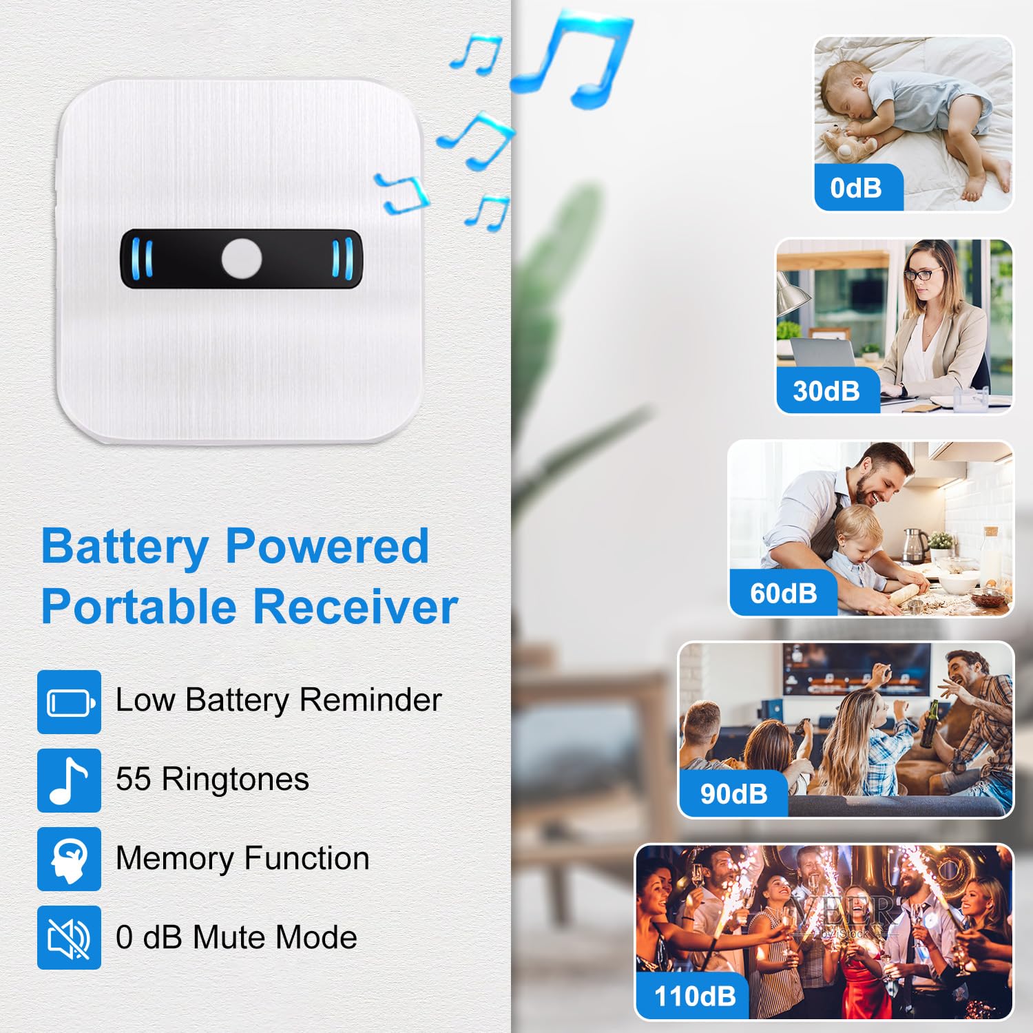 Features of the battery-powered portable receiver, including low battery reminder, 55 ringtones, memory function, and 0 dB mute mode.