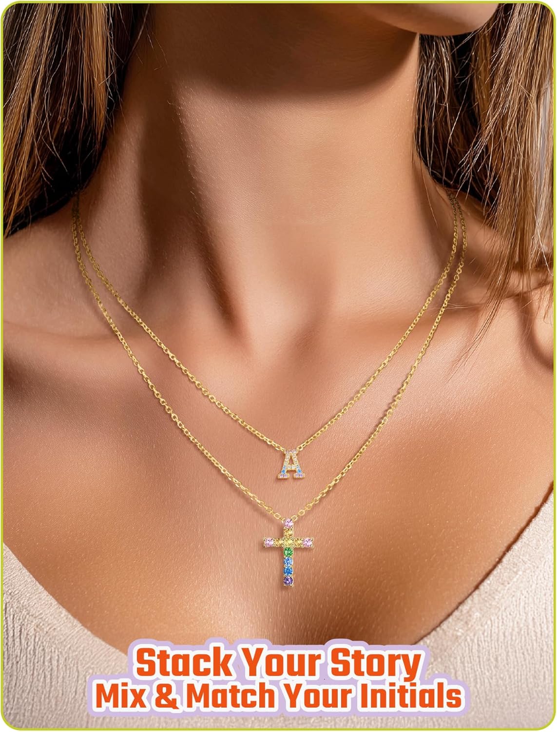 JustBeingCute Initial Necklace A-Z Letter Pendant With Colorful Cubic Zirconia White/14K Gold Plated Cute Name Jewelry for Women Small Alphabet Gifts 18+2'' Chain