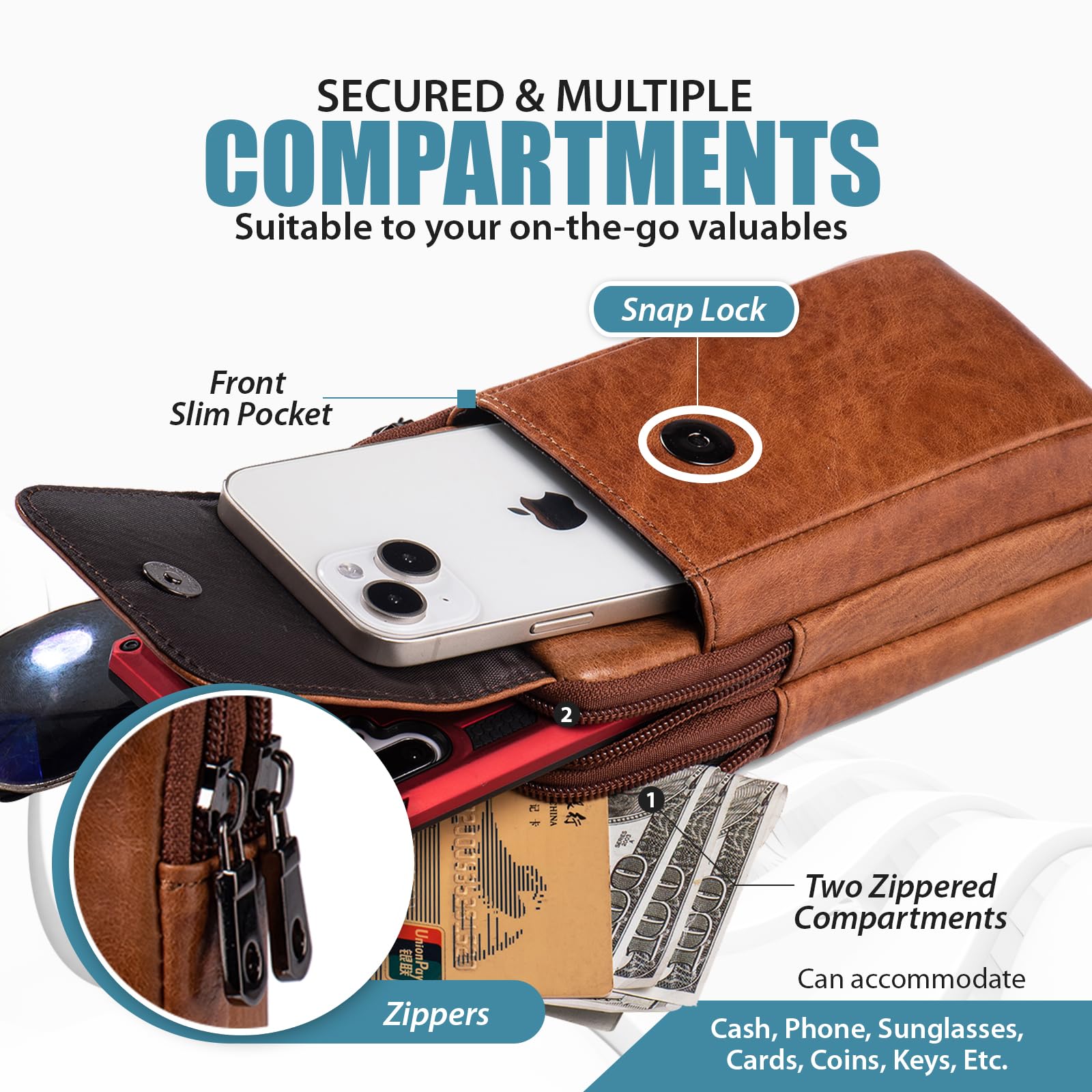 Sac Bandoulière Homme, Pochette Telephone Portable, Sacoche Ceinture Téléphone, Petit Sac a Main, Etui Ceinture Telephone (avec Une Sangle d'Épaule Et des Attaches De Ceinture)