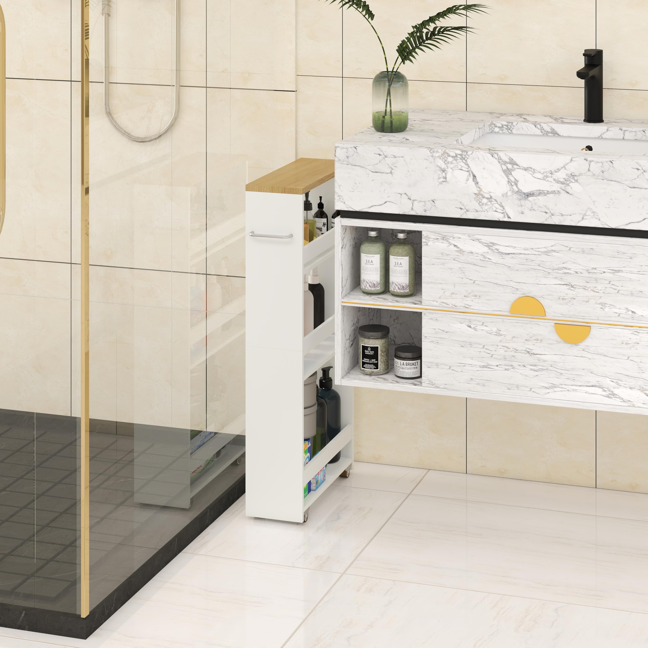 Carrello Salvaspazio Bagno Con Ruote Portatutto, Mobile Bagno Salvaspazio con spazio di stoccaggio a tre piani, Porta Detersivi bianco (40x14x80 cm)