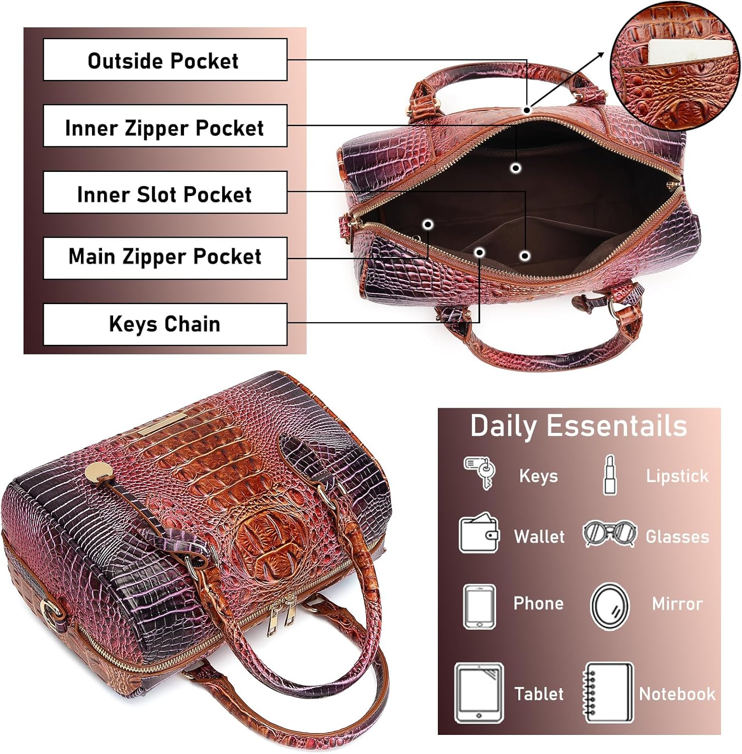 Top-Handle Crocodile Purses For Women Crossbody Leather Bags Trendy Large Capacity Tote with Shoulder Strap - Image 2