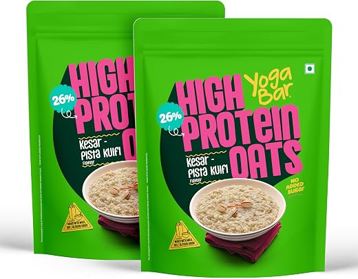 Yogabar 26g High Protein Oats 1kg x 2 , Kesar Pista Kulfi - Breakfast Cereal with Wholegrains, 26% Protein &amp; No added suga...